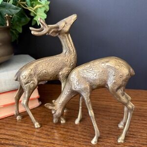 Vintage MCM Spotted Brass Deer Set - Buck & Grazing Doe